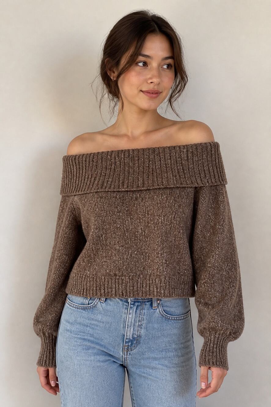 Brown Off-Shoulder Foldover Sweater Medium